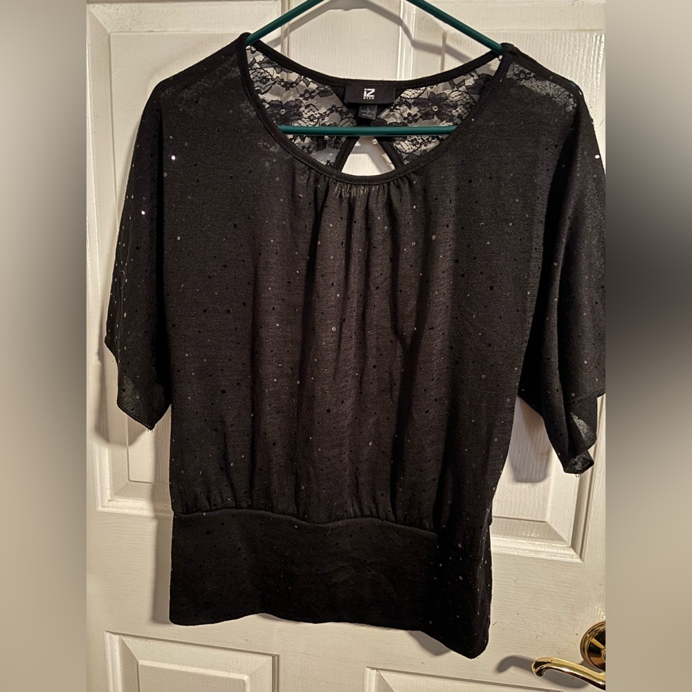Iz Byer Black Sparkly Keyhole Back Top